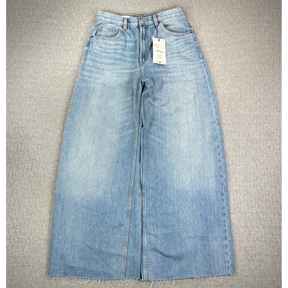 New Zara baggy Wide Leg Jeans Women 4 Light Wash Blue Denim Raw Hem High Rise